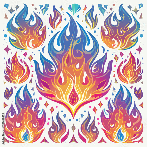 Vector design set, flames and fire, acid neo tribal shapes, y2k elements and abstract illustrations in gothic style, gothic and acid tattoos and print templates