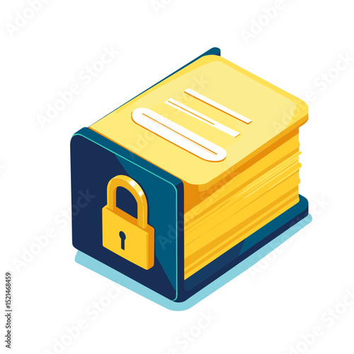 Locked Yellow Document Stack with Padlock in Isometric View Isolated in White Background Represents Information Privacy Security and Protection