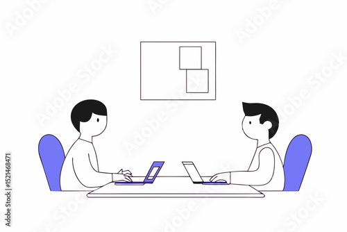 a digital illustration in a flat, minimalist style, featuring two cartoon characters engaged in a business meeting. 