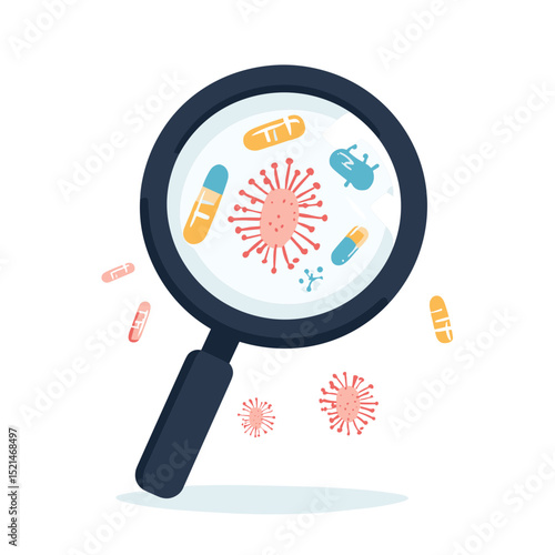 Magnifying Glass Examining Viruses and Bacteria Illustration for Scientific Research and Healthcare Analysis
