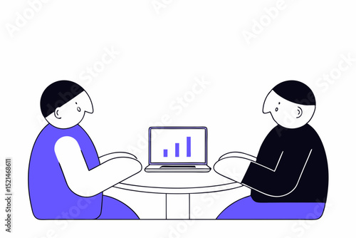 a digital illustration in a flat, minimalist style, featuring two cartoon characters engaged in a business meeting. 