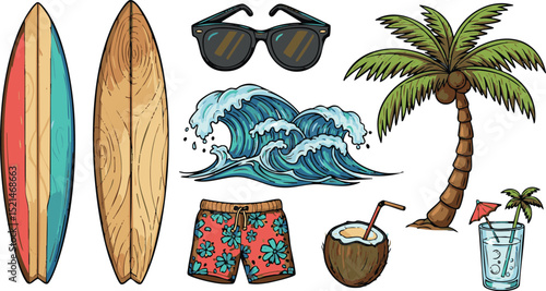 Rustic Cartoon Surf Elements Set