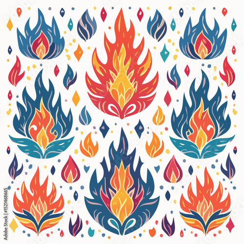 Vector design set, flames and fire, acid neo tribal shapes, y2k elements and abstract illustrations in gothic style, gothic and acid tattoos and print templates