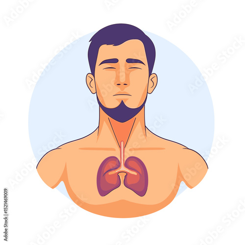 Man with Healthy Lungs Illustrated in Vector Graphic on Light Blue Background Showing Respiratory System and Pulmonary Health