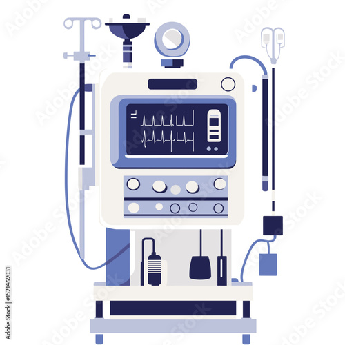 Mechanical Ventilator Machine with Display and Controls for Medical Support in White and Blue Color Isolated
