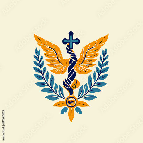 Medical Caduceus Symbol with Wings Cross and Staff in Blue and Gold Color Palette on Cream Background