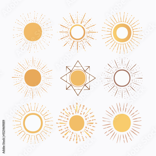 Vector set of linear boho icons and symbols - sun logo design templates - abstract design elements for decoration in modern minimalist style for social media posts