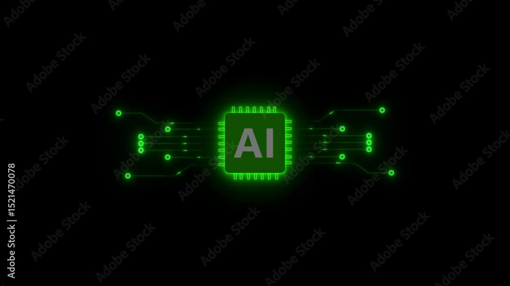 Neon AI chip with digital connections. Artificial intelligence micro chip. AI Technology and Digital Artificial Intelligence with AI Computer Tech Network Innovation and Data flow animation. Neon AI chip with digital connections. Artificial intelligence micro chip. AI Technology and Digital Artificial Intelligence with AI Computer Tech Network Innovation and Data flow animation.