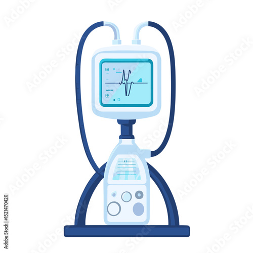 Medical Machine Illustration with Blue Accents Featuring Display Screen for Monitoring Vital Signs Isolated on White Background