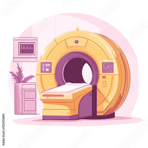 Medical MRI Scanner Machine in Pink and Yellow Inside Hospital Room Illustration Vector Graphic