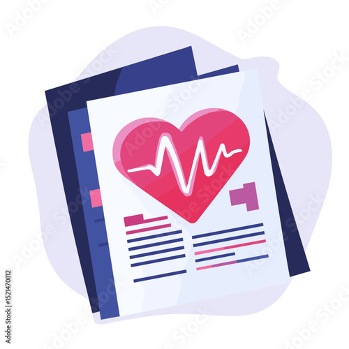 Medical Report Depicting a Red Heart with Pulse on a Clipboard with Clinical Data and Analysis of Cardiovascular Health and Wellbeing in Flat Vector Graphic Design
