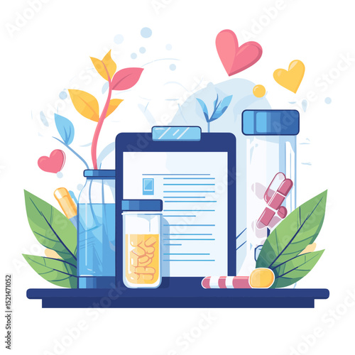Medical Still Life with Clipboard and Medication in Jars Amidst Botanical Elements in a Flat Vector Illustration