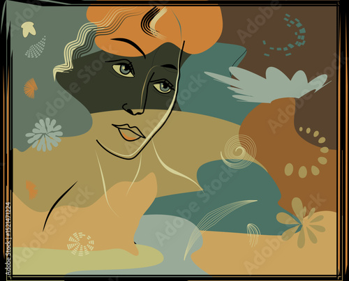 A stylized graphic depicts a female face with abstract elements