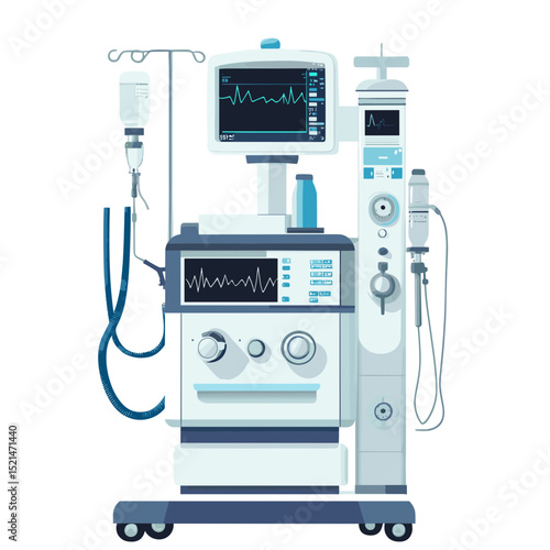 Medical Ventilator Machine in White Background for Intensive Care Units and Respiratory Support Featuring Monitors Controls and Tubing Systems
