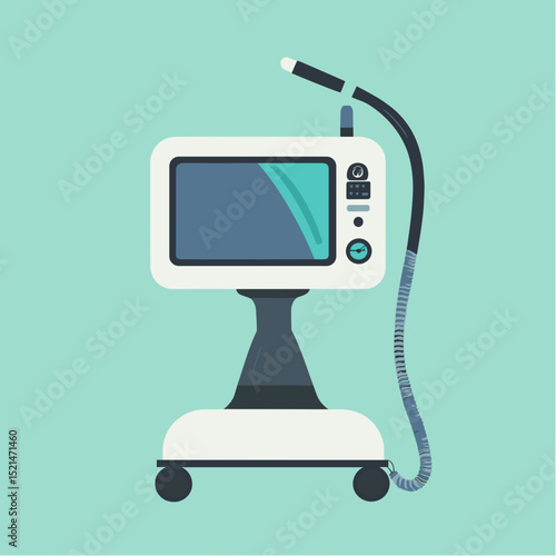 Medical Ventilator Machine on Stand with Wheels Blue and White Colors for Respiratory Support and Healthcare Flat Vector Illustration