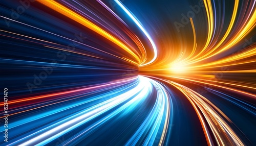 Abstract image of vibrant light trails in a tunnel.