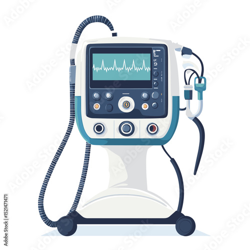 Medical Ventilator Machine with Blue Accents Displaying Waveforms Isolated on White for Hospital Respiratory Support