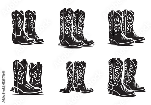 Cowboy boots Silhouette Black Vector Set