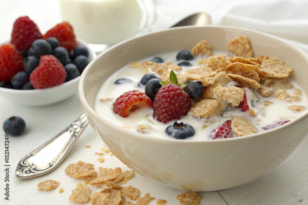 Dynamic shot of milk splashing into a healthy cereal bowl filled with mixed berries. Dynamic shot of milk splashing into a healthy cereal bowl filled with mixed berries.
