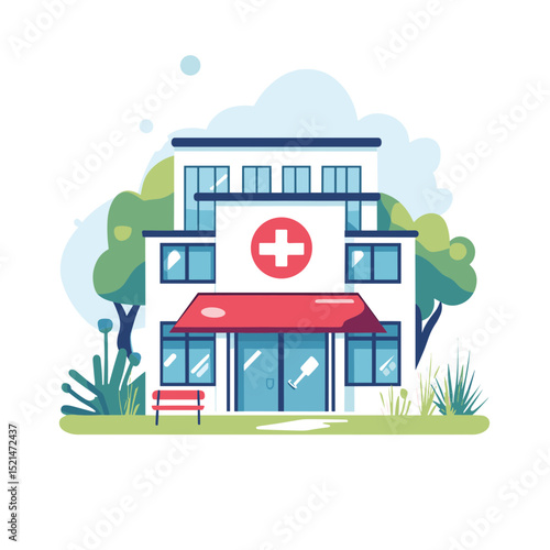 Modern White Hospital Building with Red Cross Symbol and Blue Accents in Daytime Surrounded by Green Trees and Clouds Illustration