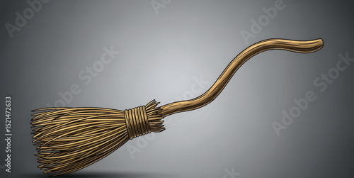 Rustic Hand-Drawn Witches Broom with a Curved Wooden Handle