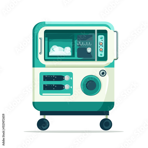 Neonatal Incubator with Baby Inside a Medical Equipment for Premature Infants Teal and White Color Scheme Vector Illustration