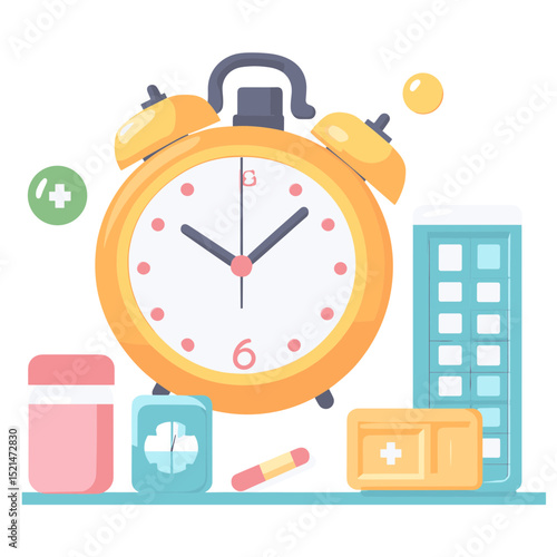 Orange Alarm Clock with Pills and Medicine Bottles Illustration on White Background Representing Healthcare and Timely Medication