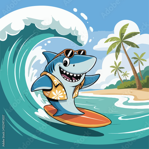 Happy shark surfing a huge wave in paradise
