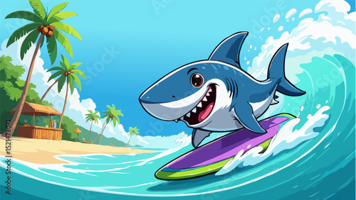 Happy shark surfing ocean wave tropical beach