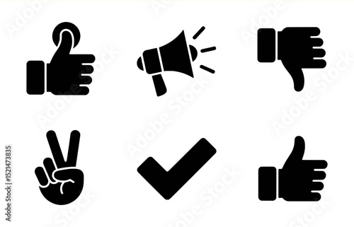 Hand gestures icons set thumbs up down peace sign check mark