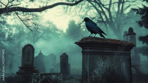 Raven perched atop a weathered tombstone in a foggy, atmospheric cemetery setting