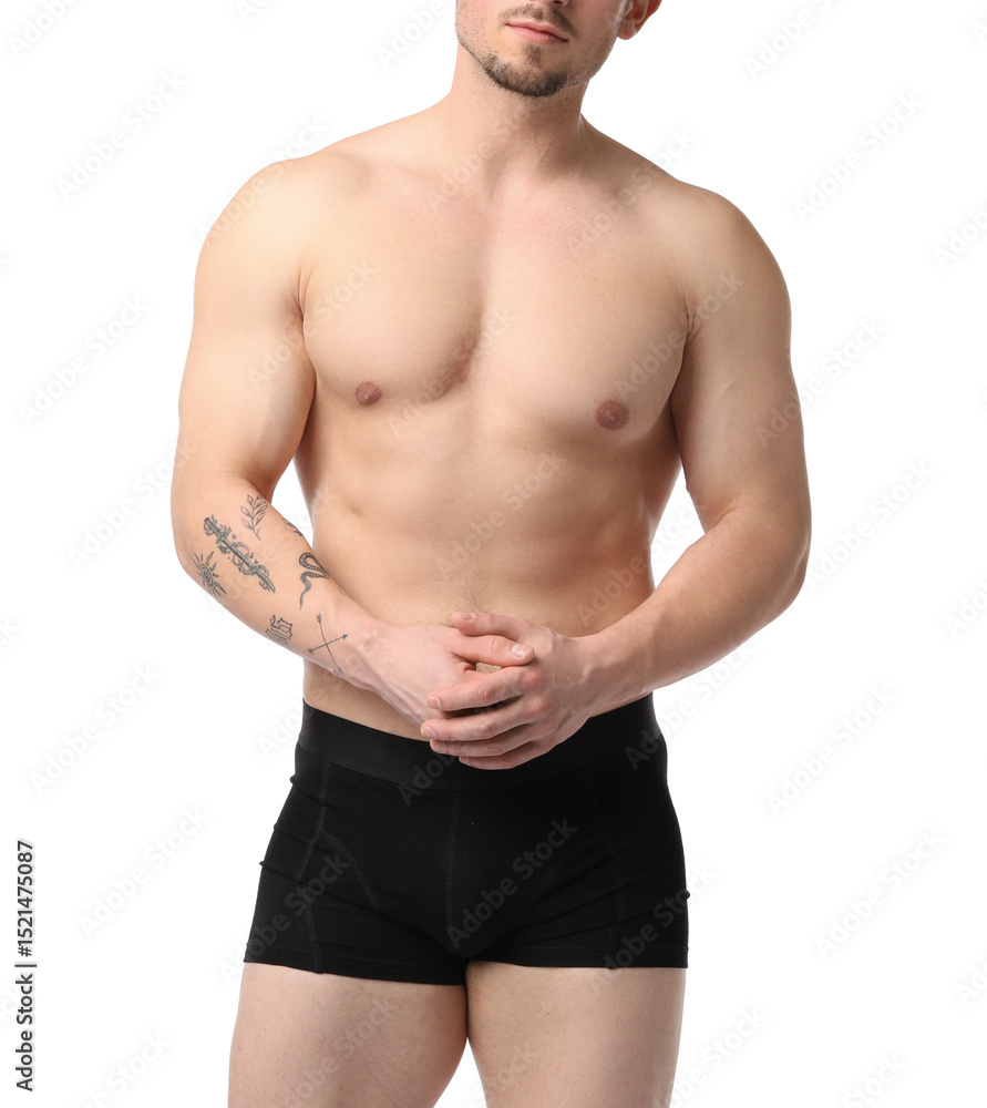 Young man in stylish black underwear on white background, closeup Young man in stylish black underwear on white background, closeup