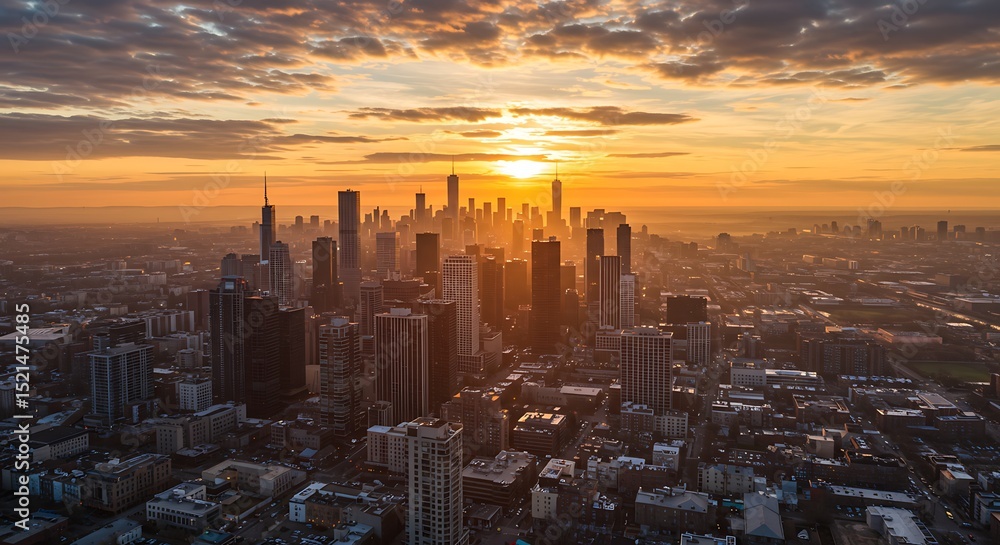 Obraz premium Golden Hour Skyline Aerial View of Cityscape at Sunset