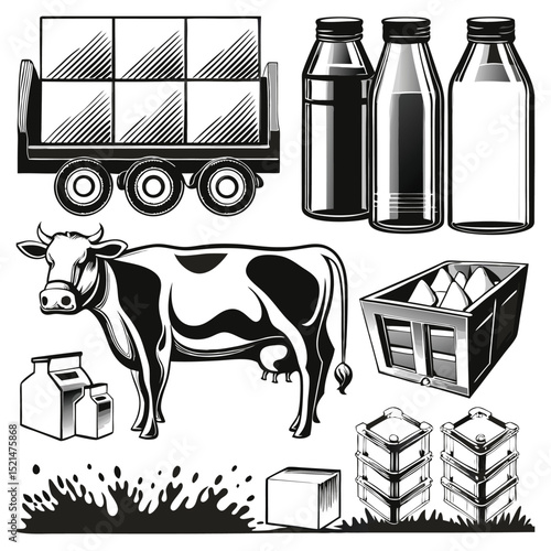 Milk Monochrome Elements Set PNG | Cow, Dairy Products, Milk Icons, Black and White Design