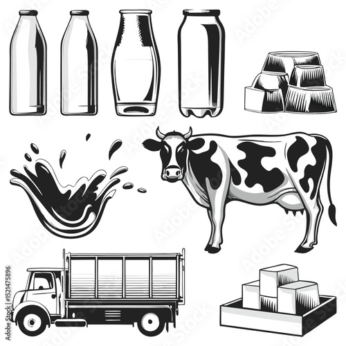 Milk Monochrome Elements Set PNG | Cow, Dairy Products, Milk Icons, Black and White Design