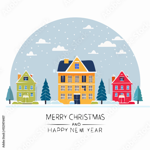 Vector illustration in trendy flat simple style - Merry Christmas and Happy New Year greeting card and banner - winter landscape with houses and christmas .