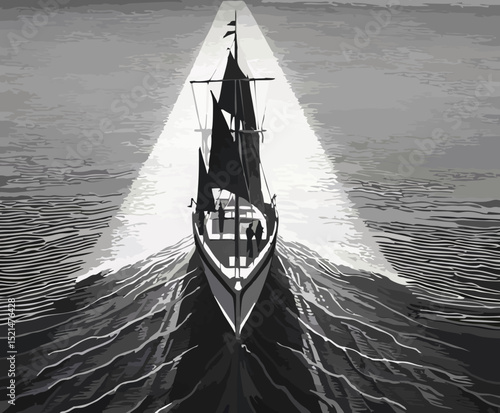 Abstract Illustration of a Sailing Ship in Motion on the Sea