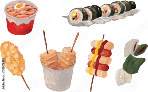 Korean street food watercolor illustration: tteokbokki (spicy rice cakes), kimbap (Korean seaweed rice rolls),  odeng (fish cakes), Korean corn dog, Sotteok Sotteok (Sausage and Rice Cake Skewer).