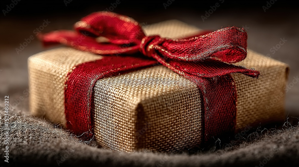 Golden gift box with red ribbon bow on velvet, evoking luxury and celebration Golden gift box with red ribbon bow on velvet, evoking luxury and celebration