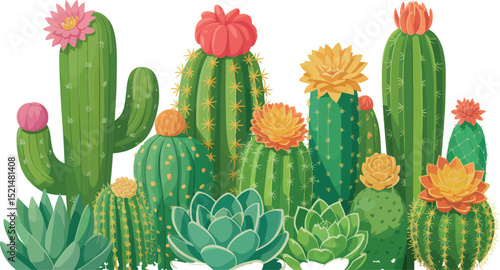 Vibrant collection of diverse cactus and succulent plants with beautiful blooming flowers.