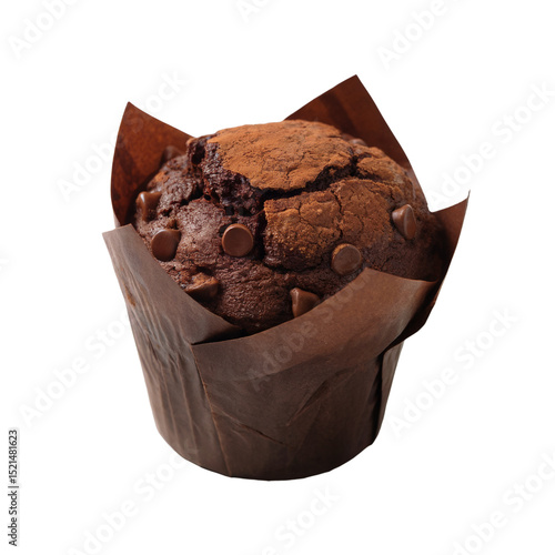 Chocolate muffin with chips isolated on white background, rich chocolate cupcake in brown wrapper for bakery and dessert stock, chocolate muffin with chips image