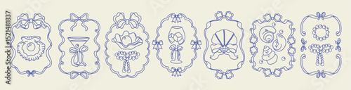 Sea wedding frame set. Hand-drawn coastal border. Ribbon, shell, pearl, bow. Vector line sketch. Soft, vintage look. Great for invite, card, decor.