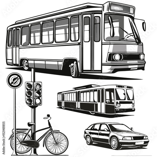 Public Transport and Road Elements Set PNG | Bus, Tram, Taxi, Road Signs, Street Icons