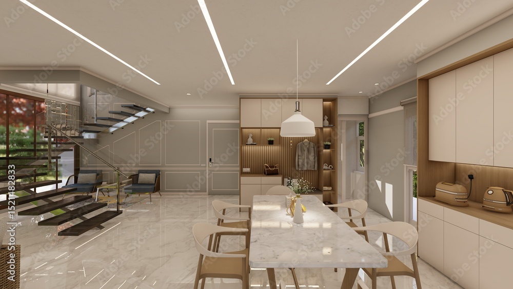 Fototapeta premium Contemporary Dining Area with floating staircase wood and Marble finishes