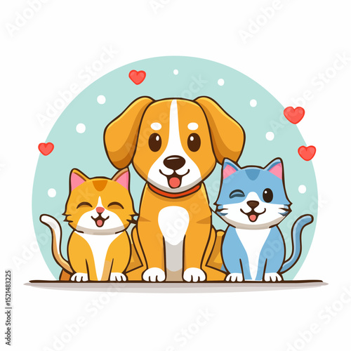 Funny pets, dogs and cats, vector illustration in trendy flat simple linear style, funny mascot and cartoon character, friendly sticker and badge for advertising, social