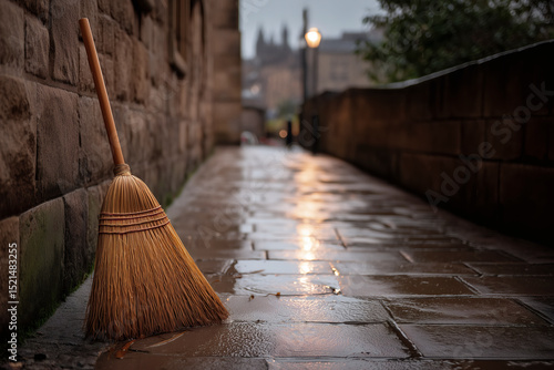 Wallpaper Mural Broom resting against a stone wall on a wet, reflective path after rain in a European-style town. Torontodigital.ca