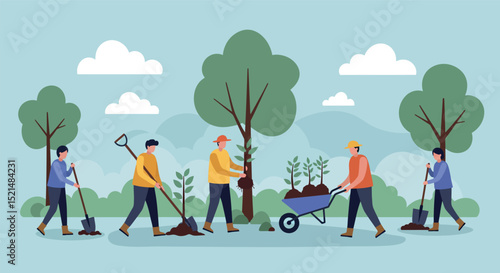 Community tree planting event for environmental conservation and teamwork in nature vector illustration