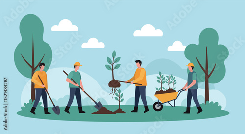Community tree planting event in nature park with volunteers working together vector illustration