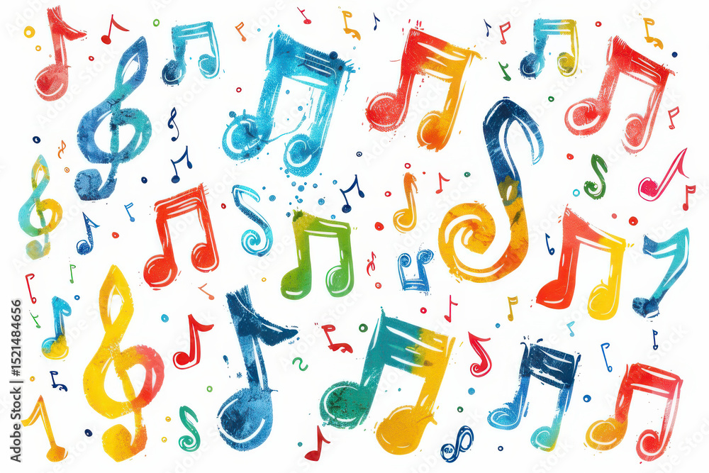 Colorful hand-drawn music notes and symbols on a white background, creating a lively and artistic musical theme. Colorful hand-drawn music notes and symbols on a white background, creating a lively and artistic musical theme.