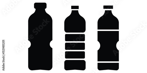Plastic beverage bottle icons collection black silhouette fluid container drink pack vector illustration set for commercial use design element.